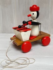 Vintage Czech Decorative Wooden Pull-Along Xylophone playing Penguin wheel Toy