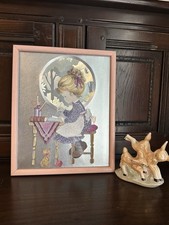Vintage Sarah Kay Style Framed Foil Print Of Girl And Cat Kitsch Retro