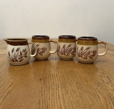 Vintage Wheat Flower Stoneware Mugs x3 Set With 1 sugar/creamer jug 1970s