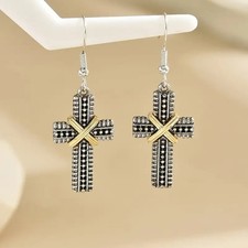 VINTAGE BOHO STYLISH SILVER & GOLD CROSS DANGLE EARRINGS