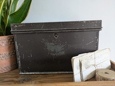 Vintage Metal Box Document Deed BOX  Grey Latch Hinged Lid Large Cash Tin File