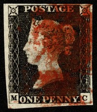 Penny black stamp GB Q Victoria 1840 SG2 1d PL3 MC 4 good margins RED MX V Good