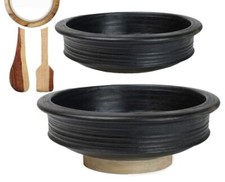 Terracotta Clay Pottery Mud Pot Earthen Handi Cooking Combo Black 1 l and 2 l