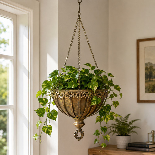 Gold metal hanging planter - hanging,