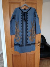 Indian Women Blue Embroidered Kurta Kurti Top Tunic Pakistani 