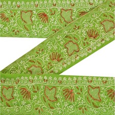 Sanskriti Vintage 1 Yd Chikankari Sari Border Hand Beaded Trim Craft Green Lace