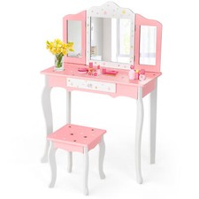 Kids Vanity Table & Stool Set Wooden Princess Makeup Dressing Table w/ Mirror