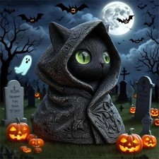 Mysterious Hooded Cat Figurine, Halloween Gothic Black Cat Statue with Cloak
