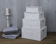 4 Wicker Storage Boxes White Woven Hamper Baskets Lock Stackable Laundry Gifts