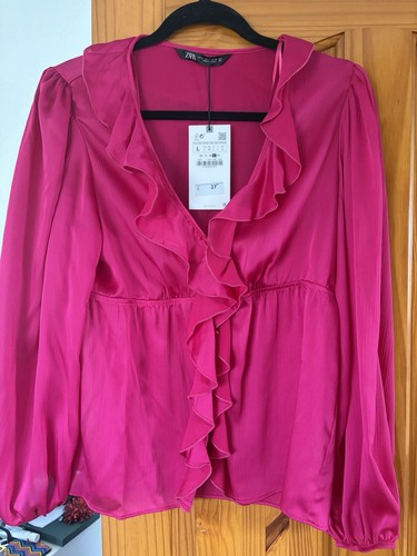 Zara pink solid ruffle - zara, v-neck