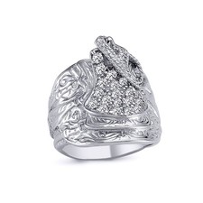 Mens Rhodium Plated Silver Jewelco London Round CZ Horse Rope Saddle Ring 24mm