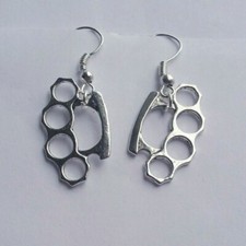 Knuckle Duster Dangle Earrings, Brass Knuckles Earrings, Silver Knuckles Jewelry