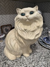 Ceramic 14 inch White Persian Cat Statue Green Eyes Vintage 1970s Paint Mark