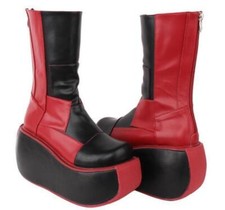 Womens Round Toe Contrast Color Ankle Boots Thicken Platform Lolita Shoes Red