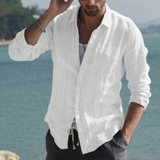 Button-Up Shirt Mens Long Sleeve Cotton Linen T-shirt Casual Summer Beach *SALE*