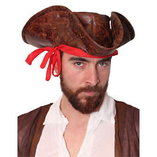 CARIBBEAN PIRATE HAT LEATHER LOOK BROWN TRICORN FANCY DRESS COSTUME ACCESSORY