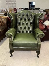 Chesterfield Green Real Leather Wingback Chair