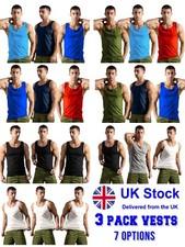 Mens Vest Tops 3 Pack 100% Cotton Summer Gym Training Tank Sports T-Shirt