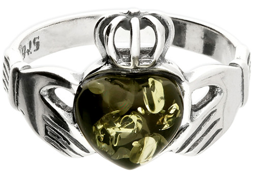 Silver amber ring claddagh - ring,