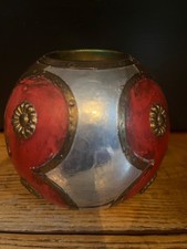 Unusual Round Ball Shaped Candle Holder, Made of Copper & Silver & Red Design