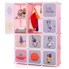 Portable Children Wardrobe Kid Closet Baby Dresser Cute with 12 Cubes Pink