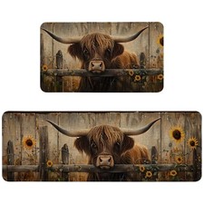 Farmhouse Kitchen Rugs Sets of 2 Non Slip Washable, Rustic Brown Highland Cow...