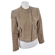 Mango Womens Suede Leather Biker Jacket M Taupe Genuine Leather Moto