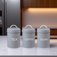 Tea Coffee Sugar Canisters Kitchen Storage Jars Set Of 3 - Grey