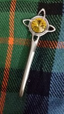 Yellow Stone Celtic Knot Kilt Pin Silver Antique Finish 4" Scottish Pins Brooch