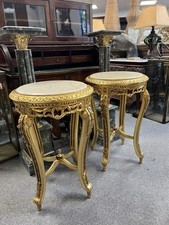 Pair Louis XVI Gilt Tables Marble Top Bedside Lamp Side French Round
