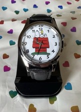 Snoopy Peanuts Watch Stainless Steel Quartz Black Leather Strap + Free pouch