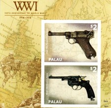 WWI WEAPONS LUGER P08 Pistol / Model 1892 Revolver Gun Stamp Sheet (2014 Palau)