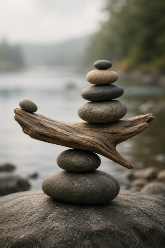 Driftwood balanced with river - balanced,