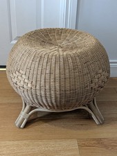 Vintage Rattan Woven Wicker Stool Pouffe Bamboo Legs, Boho Tiki Footstool