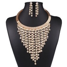 Bling Crystal Fringed Tassel Gold Choker Statement Necklace Earring Set