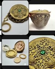 Antique 1920s Mesh Jeweled Powder Compact Ring Chain Purse Filigree Silk Case