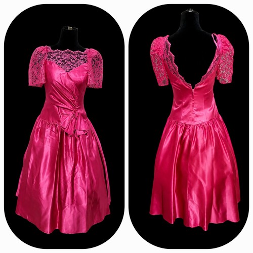 Vtg 80s fuchsia satin prom - satin,