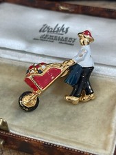 Vintage Wheelbarrow Man Brooch Gold Tone Metal Pin Painted Kitsch Quirky Figural
