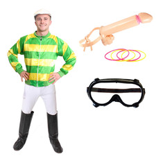 MEN'S KNOB JOCKEY COSTUME HORSE RIDER RACING FANCY DRESS GREEN YELLOW 