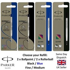 Genuine Parker Medium Fine Ball point Pen or Rollerball Refill - Blue Black x2