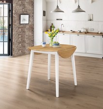 Small Dining Table, Solid Wood Drop Leaf Round Kitchen Table in White and Oak