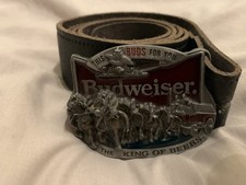 Vintage Budweiser beer  Solid metal Belt Buckle 1987  and black leather belt 