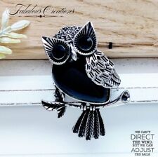 Gothic Pendant Black Gem Owl Bird Brooch Vintage Silver tone Broach Pin Gift