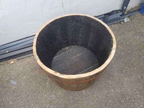 Burnt wood half whiskey barrel - half,