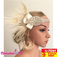 1920s Headband Feather Beige