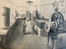 Drawing Miniature 1900 Ink Lavis Factory Alembic Architecture to Identify Art