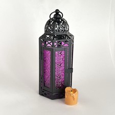 Moroccan Purple Battery Candle Lamp Lantern Home Decor Ramadan Glass & Metal New