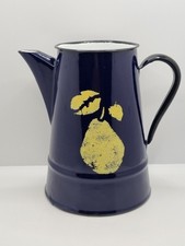 Vintage Polish Enamel Jug Silesia Rybnik Blue Yellow Teapot Coffee Kettle Retro