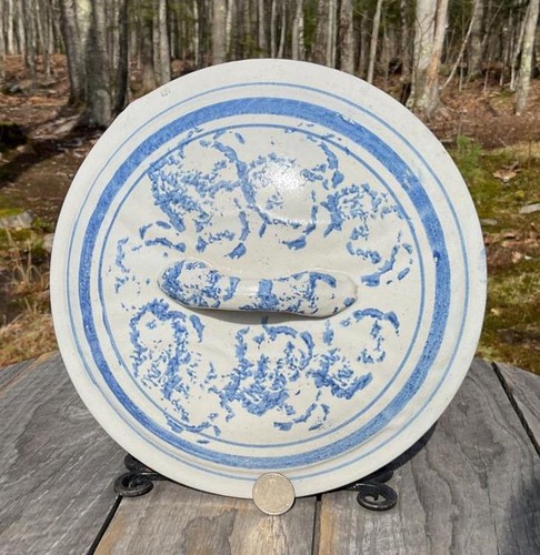 Antique stoneware lid blue - antique,