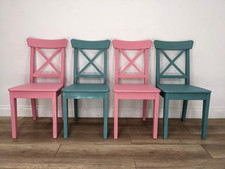 DINING CHAIRS 4 Ikea INGOLF Blue Pink Painted Country Kitchen FREE DELIVERY